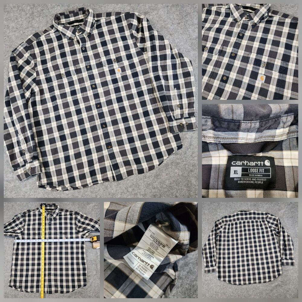 Carhartt Mens XL Loose Fit Midweight Chambray Plaid Flannel Button Up Down Shirt